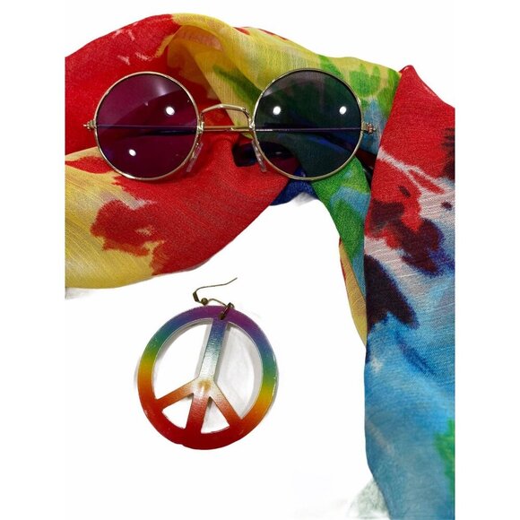 Tie-Dye Spiral Pattern Sheer Scarf Hippie Sunglasses Rainbow Peace Sign Earring - Picture 2 of 5